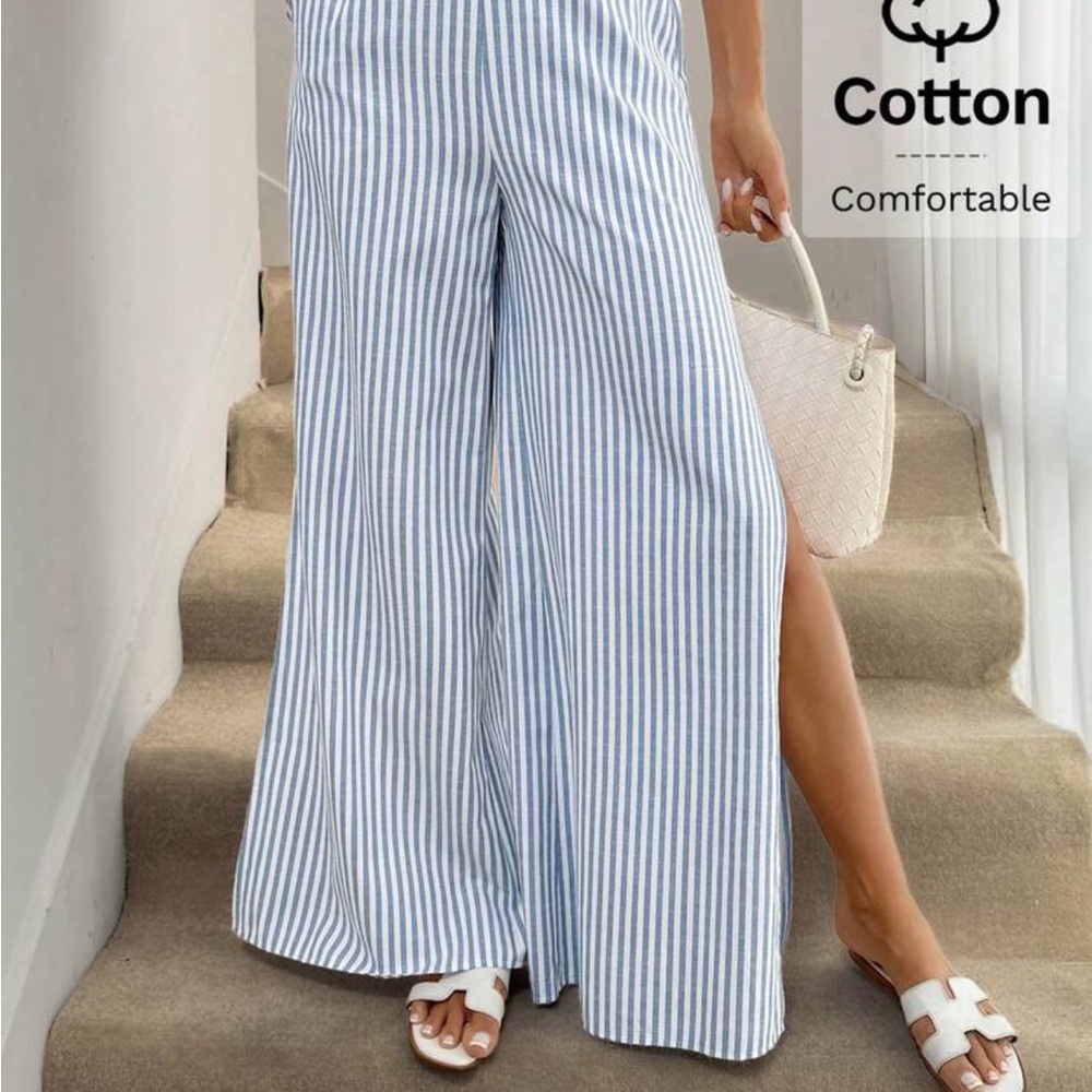 Striped Blue & White Wide-Leg Slit Pants - Picture 5 of 9